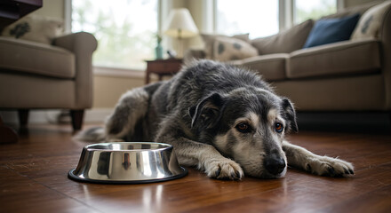 A senior dog with grey and black fur rests its head near an empty metal food bowl on a hardwood floor in a cozy living room.