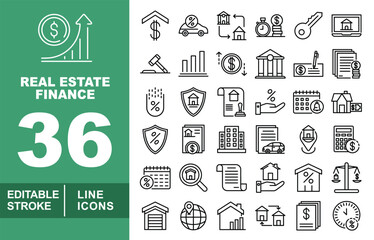 Real Estate Finance line icon set. Editable stroke icons for Investment. Containing graph, dollarroof, carpercent, housereverse, moneytime, key, houselaptop, gavel, chart, moneyflow, bank, check