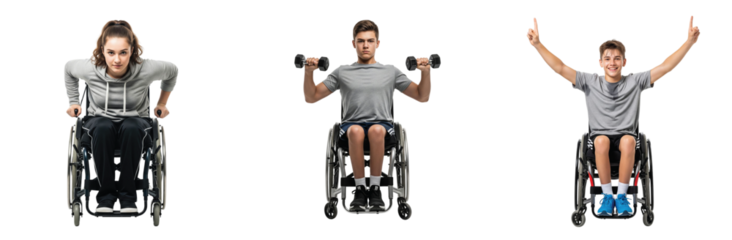 A powerful collage of determined individuals in wheelchairs engaging in adaptive fitness, showcasing strength, resilience, and an active lifestyle