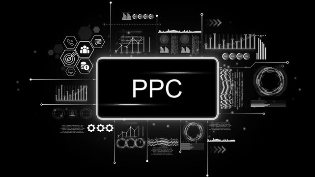 Digital P C advertising interface with data analytics charts and icons representing marketing strategy and business growth