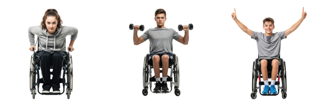 A powerful collage of determined individuals in wheelchairs engaging in adaptive fitness, showcasing strength, resilience, and an active lifestyle