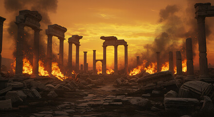 The fiery ruins of an ancient civilization engulfed in flames and smoke
