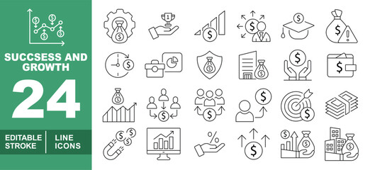 Success and Growth line icon set. Editable stroke icons for Investment. Containing graph, gearbag, trophy, stats, dollarperson, graduation, bagdrop, time, briefcase, dollarsheild, apartmentbag, dollar