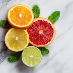 Fresh Citrus Fruits with Mint Leaves on Marble Background for Healthy Lifestyle and Culinary Ideas