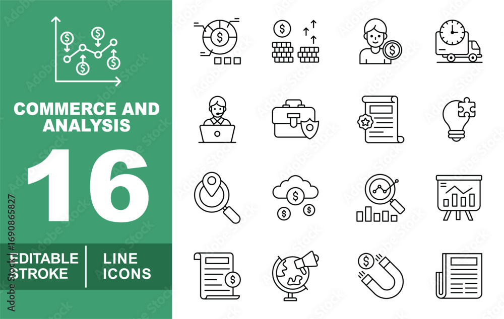 Poster commerce and analysis line icon set. editable stroke icons for investment. containing graph, piechar