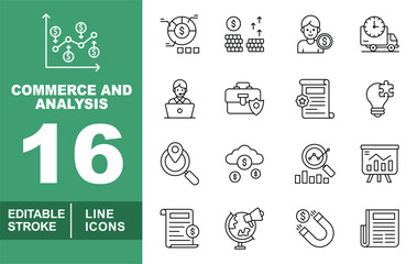 Commerce and Analysis line icon set. Editable stroke icons for Investment. Containing graph, piechart, coins, dollarperson, delivery, personlaptop, briefcase, documentstar, lightbulb, clouddollar