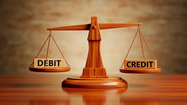 Wooden balance scale displaying 'DEBIT' and 'CREDIT' on opposite sides, symbolizing financial equity
