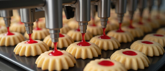 Freshly baked cookies are being decorated with vibrant red icing in factory setting, showcasing delightful production process