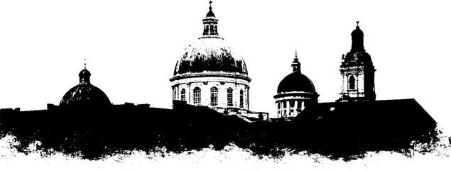 Grunge black and white urban silhouette of ornate domed architecture for design