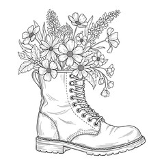 Handdrawn combat boot overflowing with a lush bouquet of wildflowers and daisies.