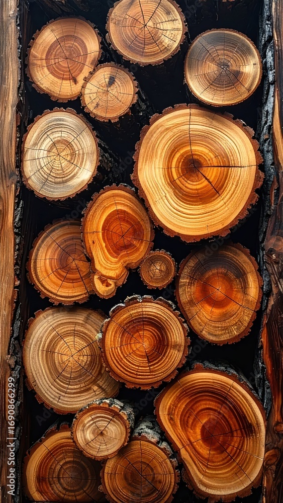 Poster close-up view of cross-section of several tree stumps and rings