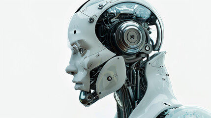 futuristic AI robot, delicately designed with a human-like face, captured in a perfect side profile view while deep in thought. 