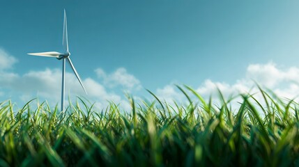 Serene wind turbine amid vibrant green grass against a bright blue sky generating clean renewable energy solution