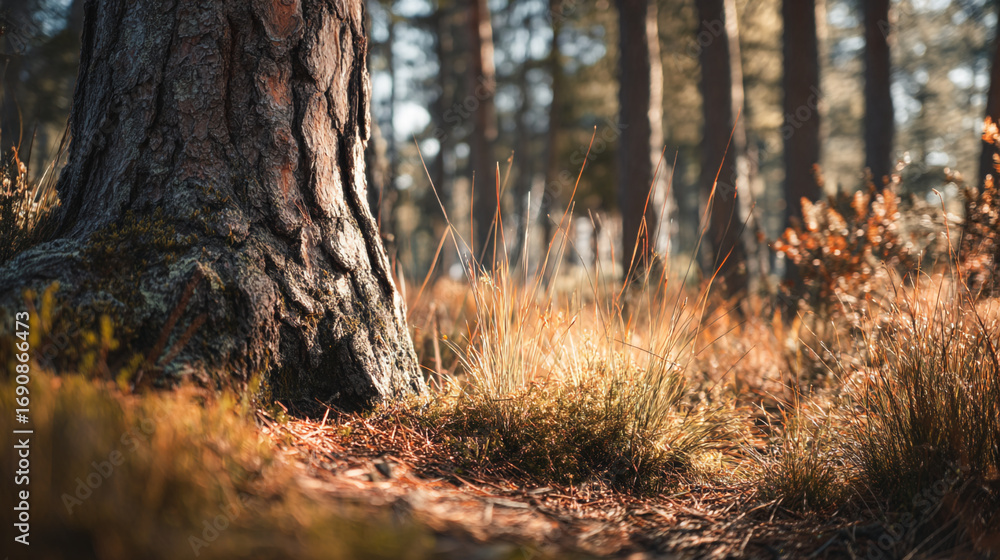 Poster close up view of a tree trunk in a forest with grass and fallen leaves