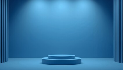 Simple Blue Stage, Lit from Above, with Cylindrical Columns on Either Side.