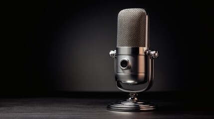 Studio condenser microphone in polished chrome on dark gradient background, dramatic lighting, professional product shot
