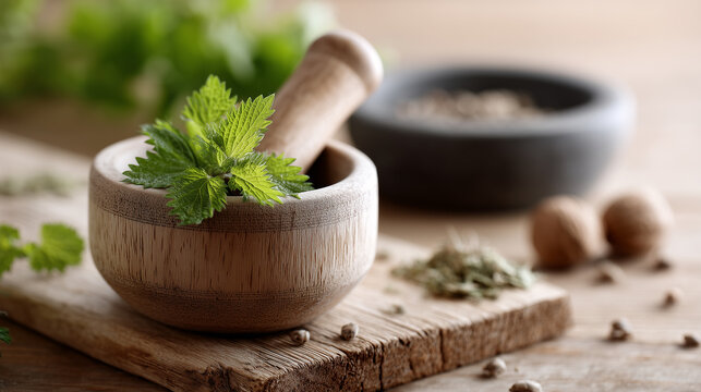 Fresh green leaves in a wooden mortar with pestle, symbolizing natural medicine, herbal remedies and organic wellness.