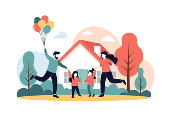 Happy family with children celebrating outdoors near a cozy home enjoying a beautiful autumn day