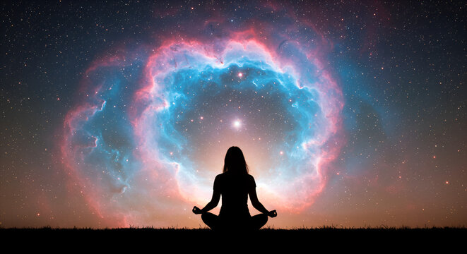 Woman meditating in lotus position beneath a colorful cosmic nebula background