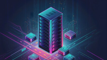 Central data center server rack surrounded by neon circuit roads, cyan and magenta glow on a dark background, 3D illustration for computing reports and headers.