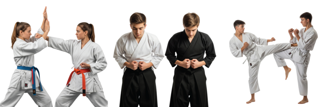A collection of young martial artists in traditional gi performing karate and aikido techniques. Set of fighters training kicks and blocks on white - Powered by Adobe