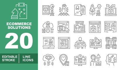 Ecommerce Solutions line icon set. Editable stroke icons for Ecommerce Solutions. Containing Chess, Analytics, Community, Certificate, Rocket, Laptop, Cloud, Truck, Webpage, Shop, Website, Profile