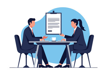 Two professionals discussing business documents at a meeting table