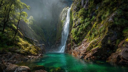 Majestic Waterfall Cascading into Emerald Pool Surrounded by Lush Greenery and Misty Atmosphere
