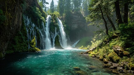 Majestic Waterfall Surrounded by Lush Greenery and Sunlight in a Serene Forest Landscape