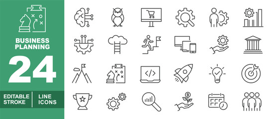 Business Planning line icon set. Editable stroke icons for Business Planning. Containing Chess, Brain, Owl, Cart, Gear, Person, Chart, Settings, Cloud, Ladder, Clipboard, Devices, Mountain, Code, more