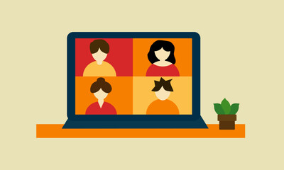 Illustration of a diverse group of friends or colleagues in a video conference on laptop computer screen