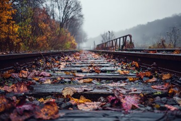 Autumn Leaves on Abandoned Railway Tracks Surrounded by Fog and Trees in Mysterious Landscape