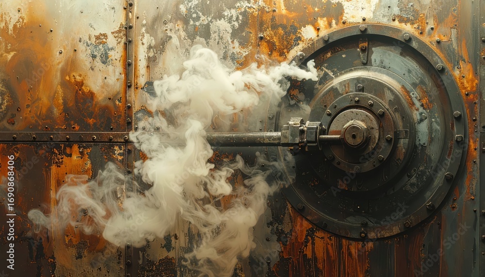Poster industrial machine component with steam and rust background