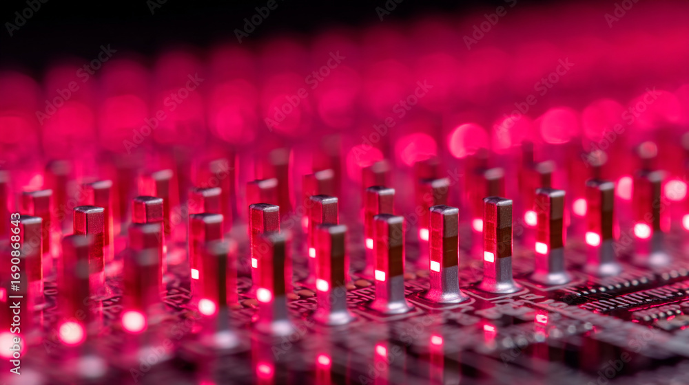 Aufkleber close up of a computer motherboard with red lights in a dark environment