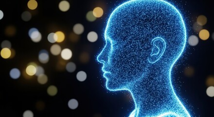 Digital Human Head Made of Blue Particles Abstract Background Bokeh Effect