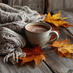 Cozy Autumn Scene with Hot Drink, Warm Knit Sweater, and Colorful Fallen Leaves on Rustic Wooden Table