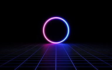 Neon glowing circular frame on a grid patterned background