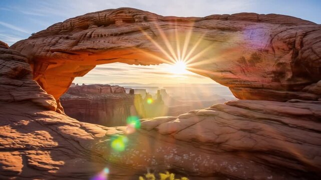 Sunlight shining through mesa arch in canyonlands national parks rocky landscape, suitable for naturethemed websites, travel brochures, or desktop wallpapers.