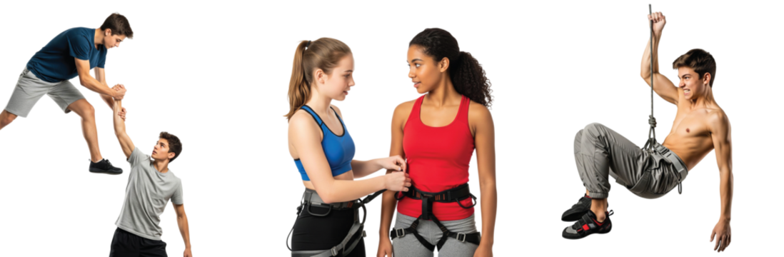 A dynamic collection of diverse young adults engaged in rock climbing, highlighting teamwork, safety preparation with harnesses, and physical strength