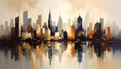 City skyline reflected in water, abstract art