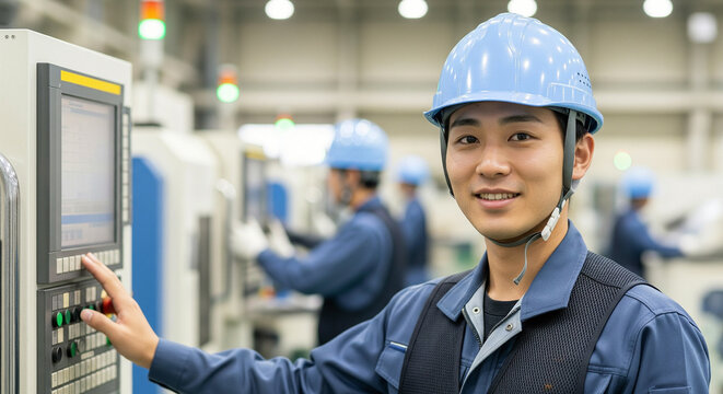 笑顔の男性作業員（工場・製造業・制御室などの求人広告用）