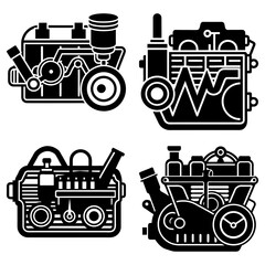 Obraz premium Four stylized engine illustrations in black and white showing mechanical components and various designs