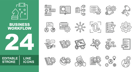 Business Workflow line icon set. Editable stroke icons for Business Workflow. Containing Chess, Chat, Book, Blocks, Checklist, Document, Hand, Calendar, Gear, Loop, Funnel, Settings, Paper, Code, Bolt