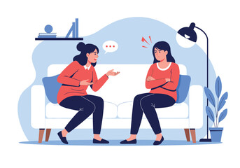 Two women talking while sitting on a couch in a living room with a lamp and plant