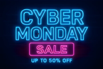 Obraz premium Cyber Monday sale illustration with up to fifty percent off promotional text symbolizing seasonal retail holiday discounts consumer commerce marketing shopping and festive design