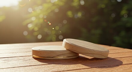 Natural Wooden Display Pedestals Bathed in Golden Sunlight, Creating a Serene Outdoor Showcase for Products or Minimalist Decor with Ample Copy Space