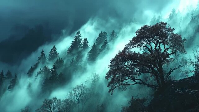Whispers of the Emerald Peaks: A dramatic landscape unfolds, as mist gently caresses the lush mountain peaks, creating an atmosphere of tranquility and mystery.