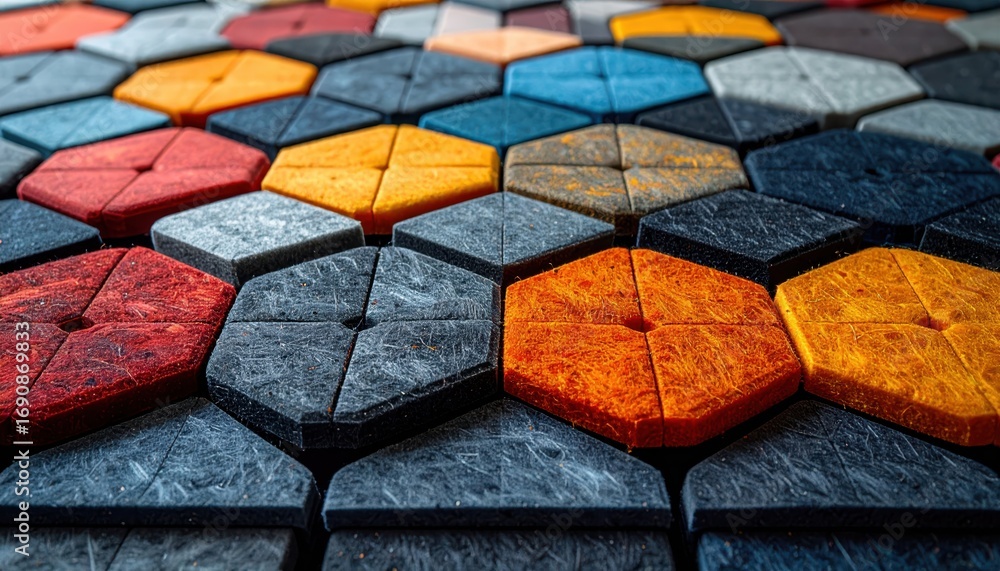 Poster colorful hexagonal tiles in unique geometric pattern arrangement
