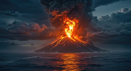 Fiery Volcano Erupting into Dark Stormy Sky Over Ocean