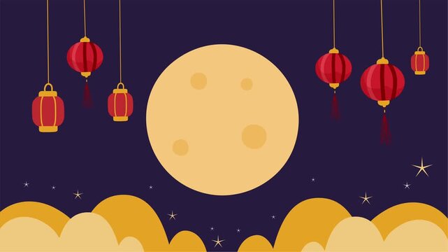 Full moon with red lanterns glowing in dark Chuseok sky